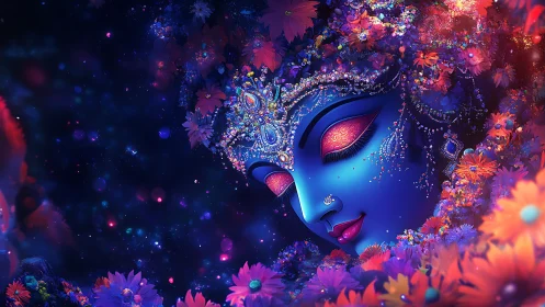 Dreamy celestial goddess resting in a garden of starlit blooms.