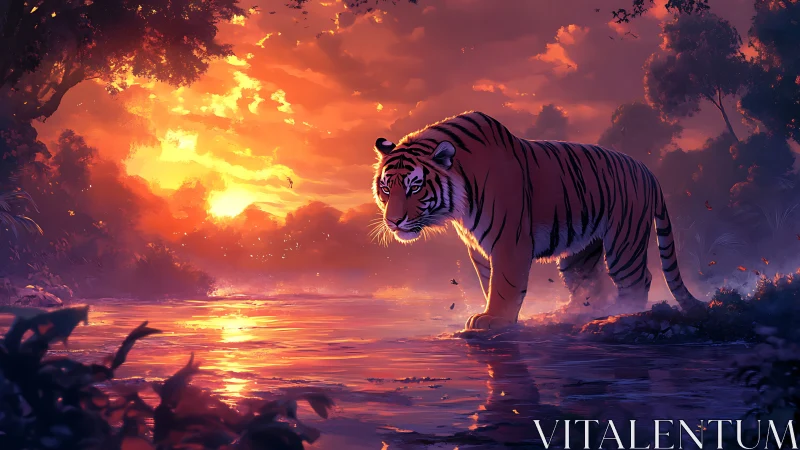 Majestic tiger walks through glowing river at fiery sunset