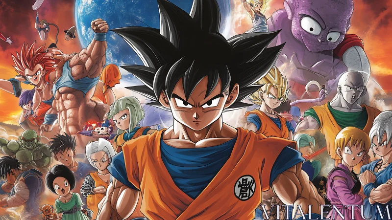 Heroic anime warriors assemble against a cosmic battle sky