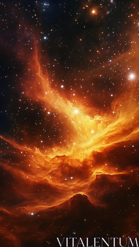 Fiery orange nebula structure within dense star field in space.