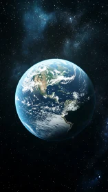 Earth floats in dark outer space with visible Americas