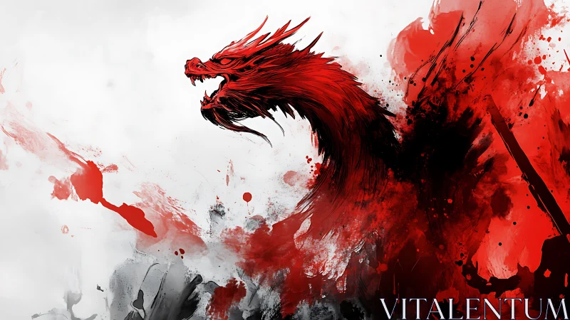 Brushstroke-rendered red dragon head emerges from chaotic splashes