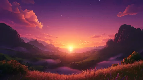 Gentle sunset glows over tranquil valleys and soft mountains