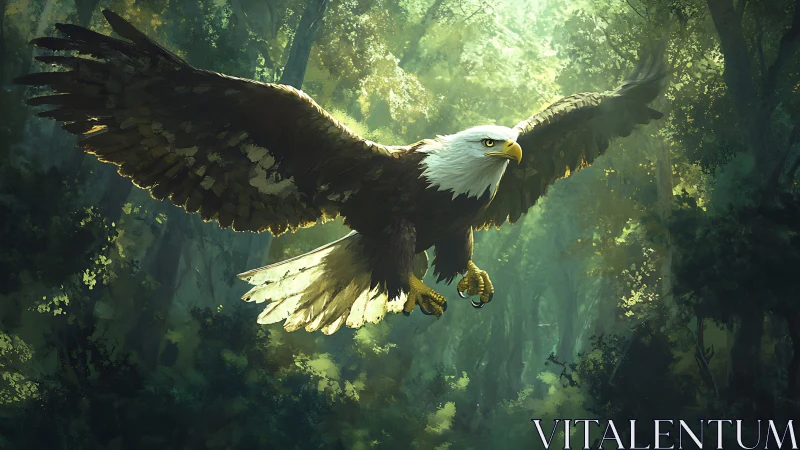 Majestic Bald Eagle Soaring Over Sunlit Forest in Digital Art Style.