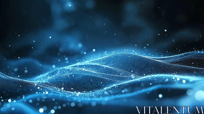 Luminous blue particle waves forming abstract digital landscape.
