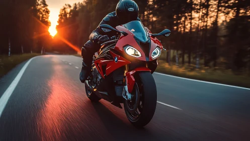 Sport motorcycle racing through forest highway at sunset.