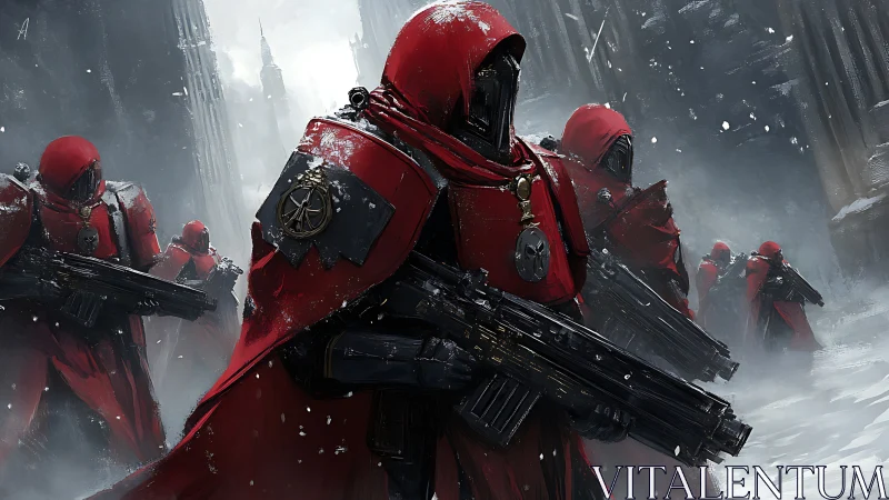 Red cloaked soldiers advance through snowy ruins.