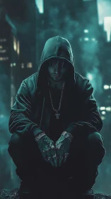 Hooded man crouches in teal lit cityscape at night