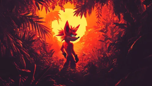 Backlit anthropomorphic fox silhouette framed by dense jungle