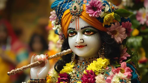 Ornate Krishna idol with jeweled flute amid vivid blossoms.