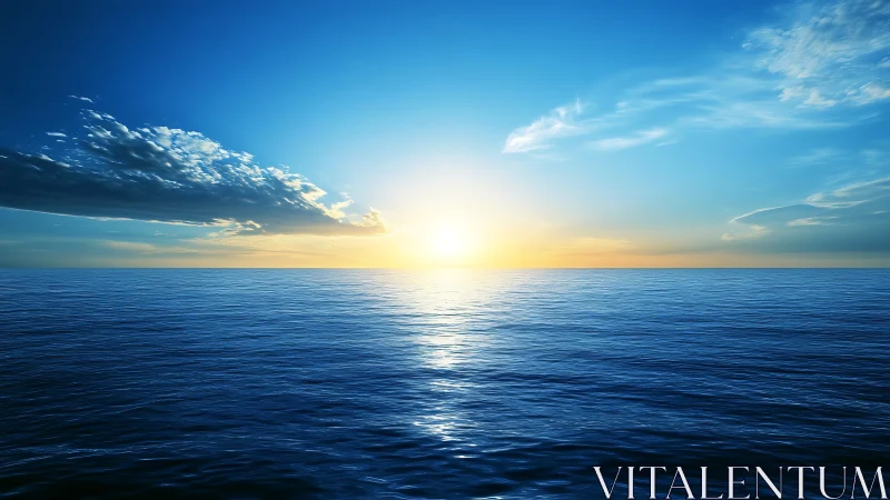 Radiant sunrise over calm ocean horizon in vivid blue tones.