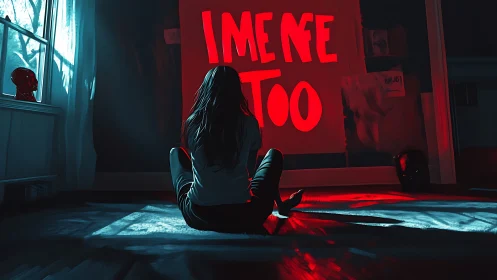 Solitary watcher under neon confession words on the wall.