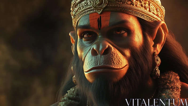 Digital painting of regal simian deity in cinematic warm lighting.