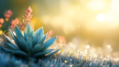Succulent rosette glows in dewy sunrise meadow light.