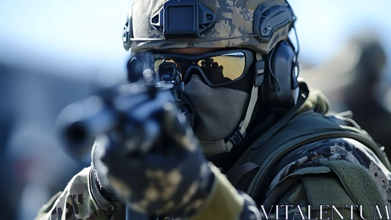 Focused tactical soldier steadies aim in protective combat gear