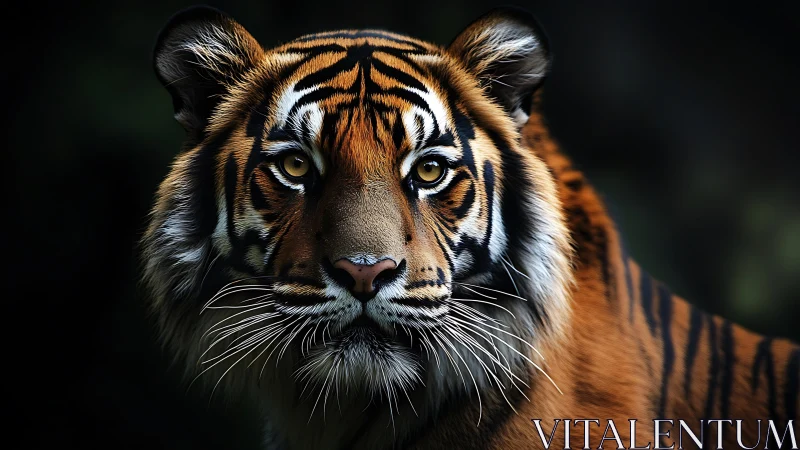 Golden-eyed tiger resting in quiet jungle shadows.