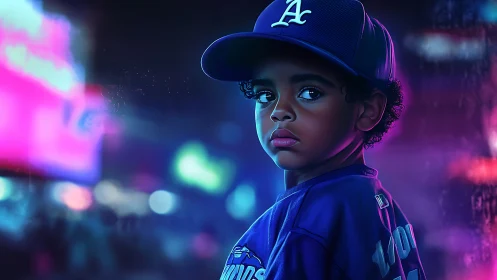 Young person in LA cap under neon cyberpunk lighting