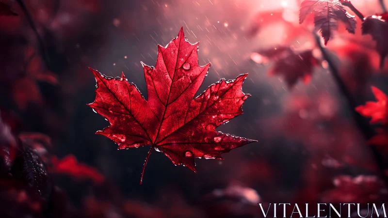 Crimson maple leaf drifting through luminous autumn rain.