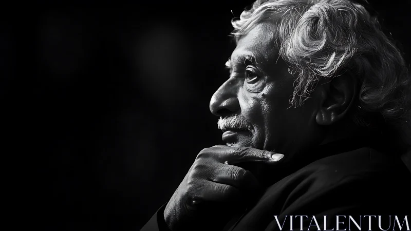 Elderly man in thoughtful side profile on dark background.