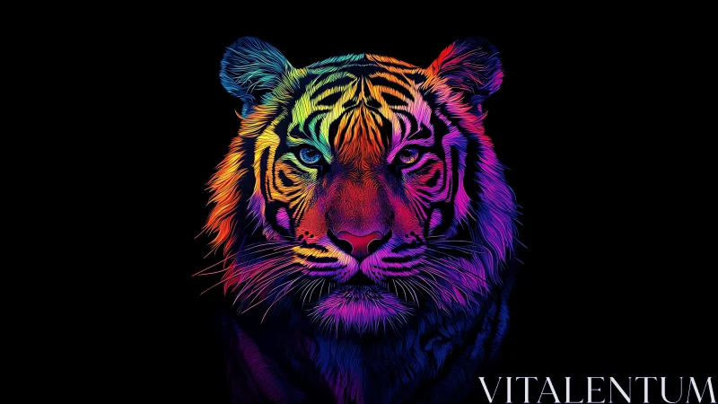 Neon multicolor tiger portrait on black background, front view.