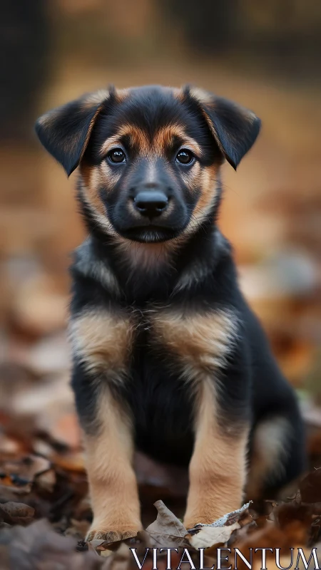Photorealistic portrait of puppy on autumn leaf ground plane.