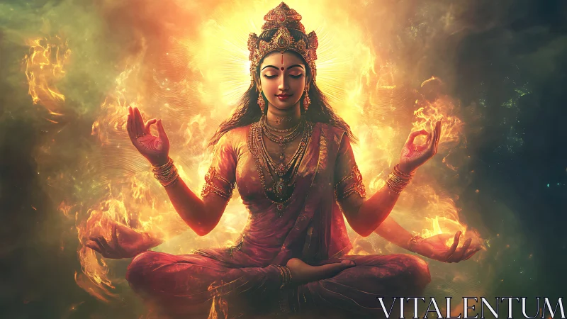 Fiery multi-armed goddess in glowing meditative pose.