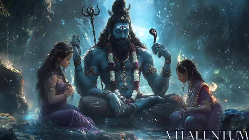 Mystic blue deity in forest meditation with devoted acolytes.