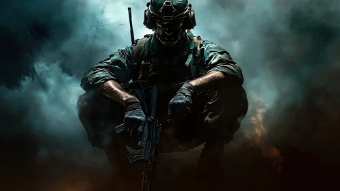 Tactical soldier kneels in smoke, ready for covert assault