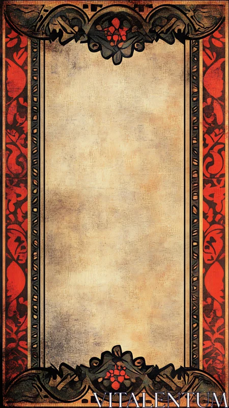 Vintage parchment frame with ornate red floral border.