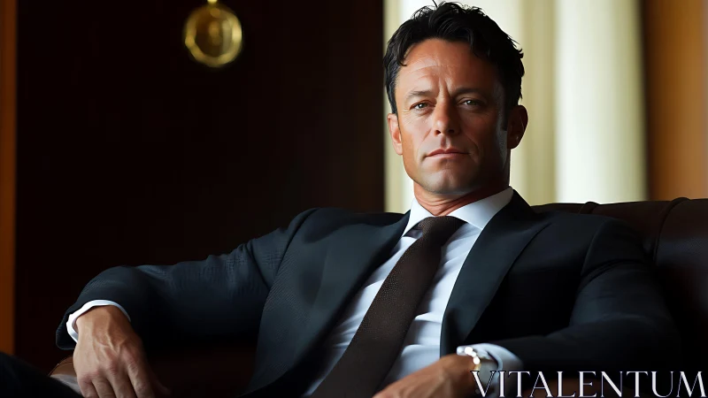 Power-leaning executive studies the room with calm steel