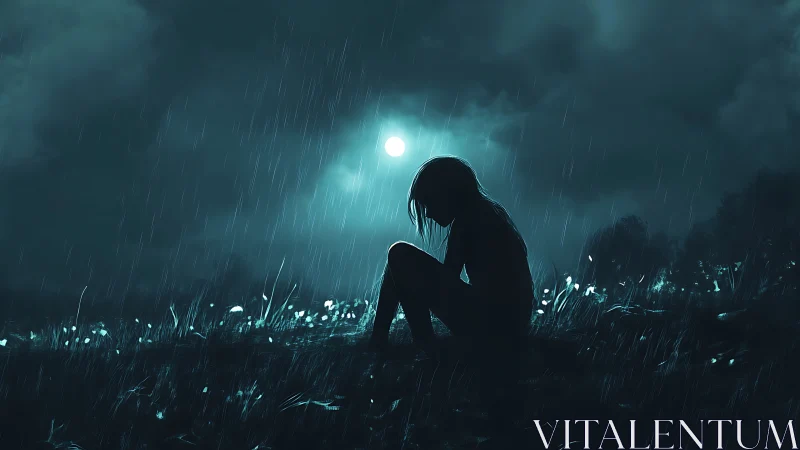 Solitary figure sits in moonlit rain, wrapped in quiet sorrow