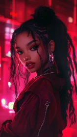 Digital portrait of woman in neon red urban lighting scene.