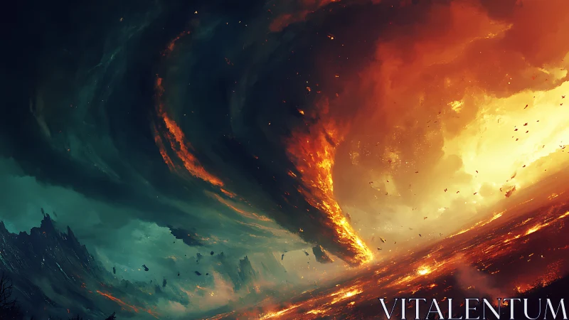 Sky-furnace vortex swallowing a burning horizon whole.