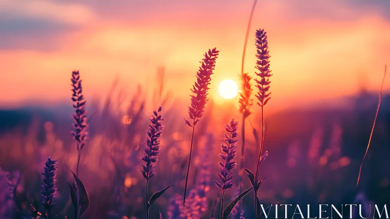 Lavender flower spikes stand against low sun at vivid sunset