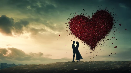 Silhouetted Couple Beneath Fragmenting Red Heart Formation.