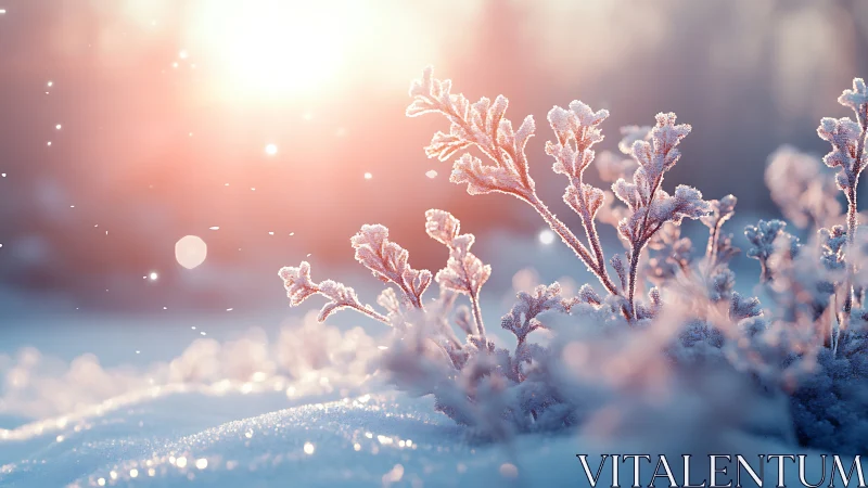 Frosted winter plants in soft sunrise backlight glow.
