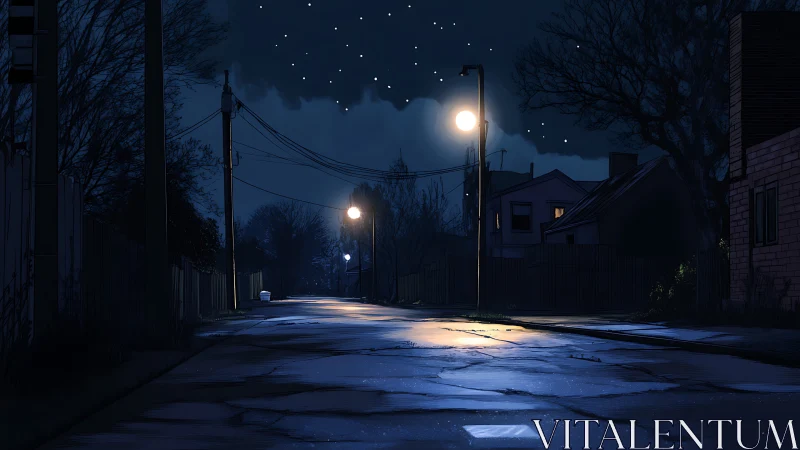 Quiet neighborhood street glowing softly under midnight stars.