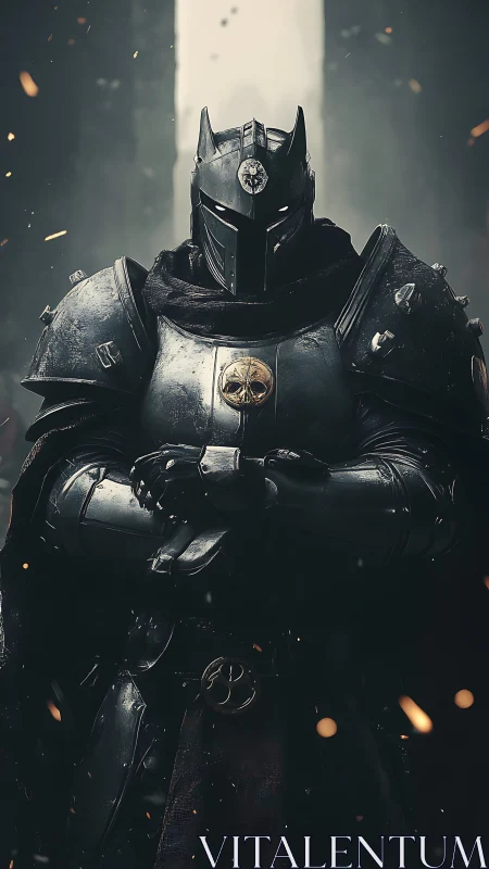 Digital painting of grim black knight in cinematic chiaroscuro armor.