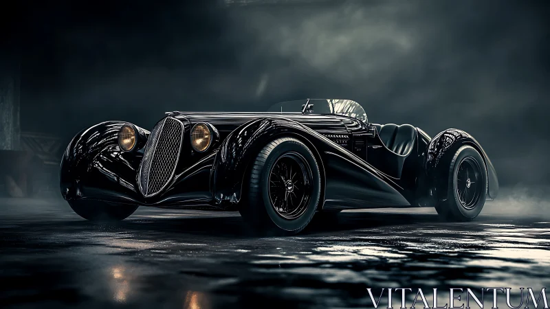 Streamlined retro roadster rendered in low key lighting.