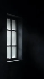 Solitary frosted window framed in deep shadowed wall.