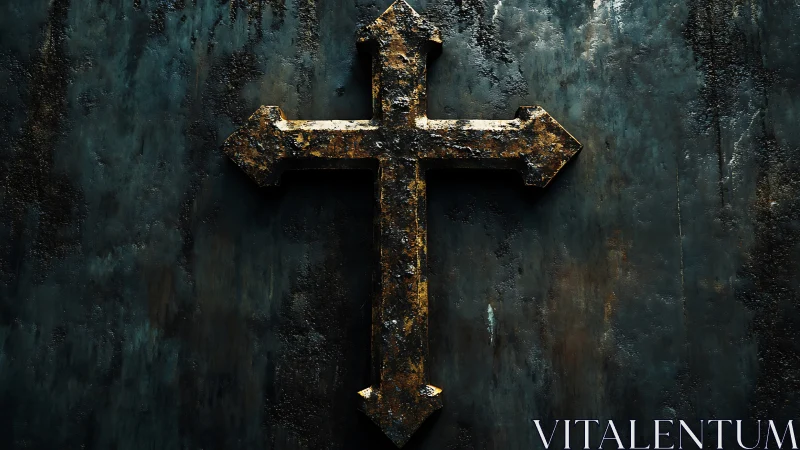 Rusted iron cross clings to storm darkened metal wall.