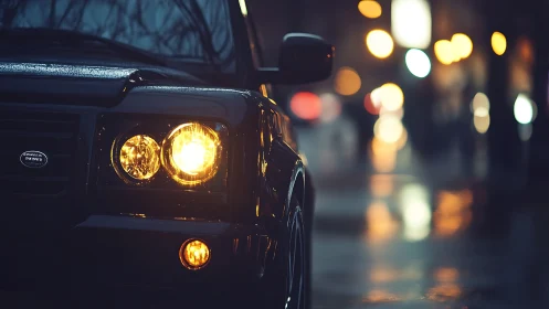 Urban dusk grants a glossy black SUV its cinematic prowl