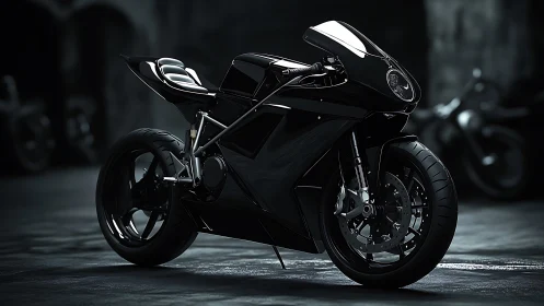 Midnight black superbike in moody cinematic garage light.