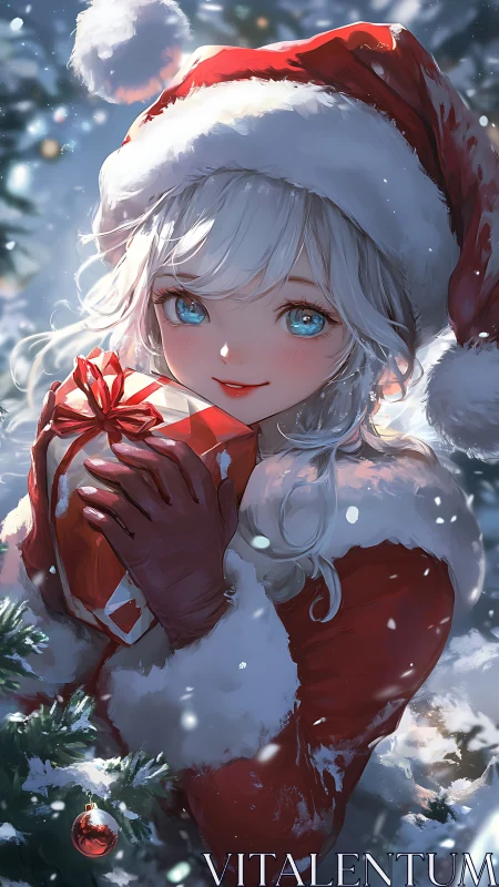 Figure in red Santa attire holds wrapped gift outdoors