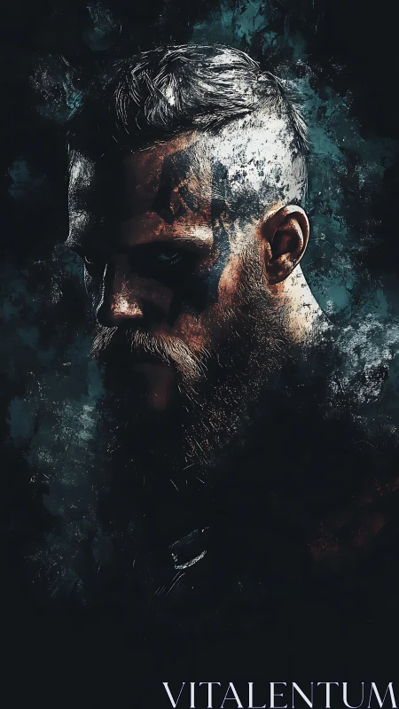Granular digital portrait of bearded warrior in turbulent chiaroscuro.