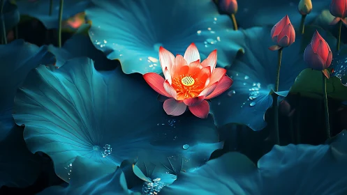 Single glowing lotus flower contrasts with dark teal leaves