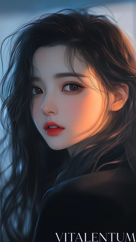 Cinematic digital portrait of young woman in rim lighting profile