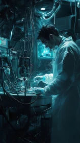 Cyberpunk scientist engineers a glowing neural interface