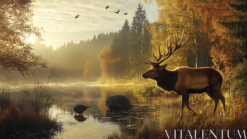 Majestic stag stands beside misty autumn forest river