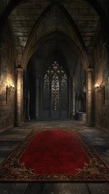 Gothic stone hall with red carpet and stained glass window.